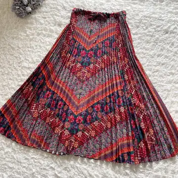 TITICACA/티티카카 일본풍 패턴 롱 플리츠 스커트 빈티지 플라워