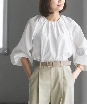 NOBLE 화이트 벌룬 슬리브 셔츠 타프타 볼륨 블라우스
