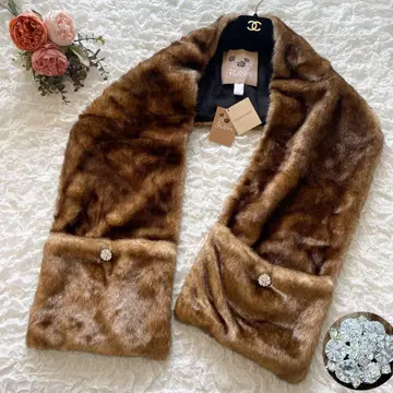 [미사용 택 포함] 포켓 부착 인조 모피 숄 머플러 레이스 비쥬