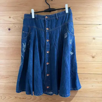 데님 블루 플레어 스커트 자수