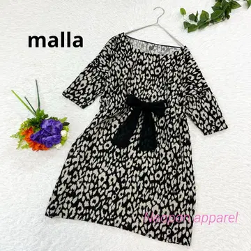 마라 레오파드 무늬 니트 튜닉 원피스 앞 리본 5부 소매 블랙 M