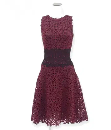 타다시 쇼지 드레스 롱 기장 원피스 꽃무늬 컷워크 와인 레드 M