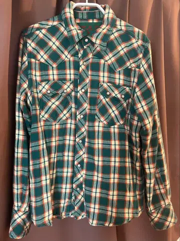 TMT 그린 체크 무늬 긴팔 플란넬 셔츠