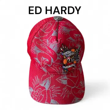 ED HARDY 꽃무늬 트래커 메쉬 캡 레드 새상품급