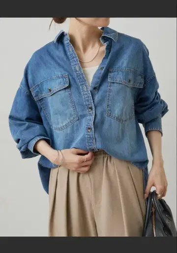 더블 포켓 데님 셔츠 데님 블루 오버 사이즈 셔츠