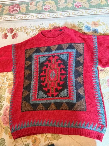 에스닉풍 빨간색 니트 스웨터 긴팔 구제 의류 빈티지