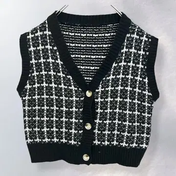 체크 니트 베스트 프론트 오픈 V넥 레이어드 돌려입기 라프 [ a344