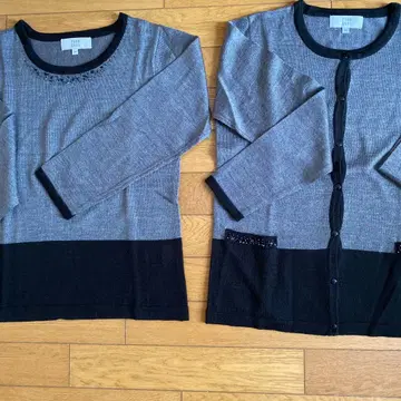 그레이와 블랙의 비쥬 장식 7부 소매 스웨터와 긴팔 가디건 앙상블