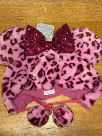 핑크 레오파드 무늬 글리터 리본 모자