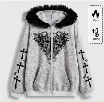 ROMWE 퍼 후드티 그레이 y2k 그런지