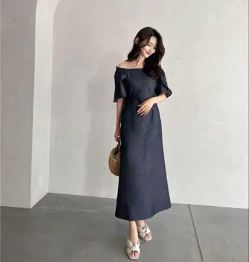 anuans 오프숄더 데님 원피스 인디고 S