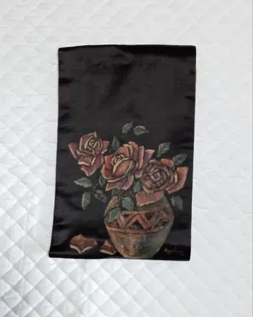 쇼와 레트로 나고야 오비 꽃병에 장미 그림체 실크