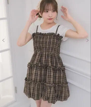ems excite 셔링 벌룬 OP 브라운 체크 미니 원피스