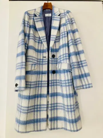여성용 INDEX 블루 체크 울 체스터 코트 사이즈 M