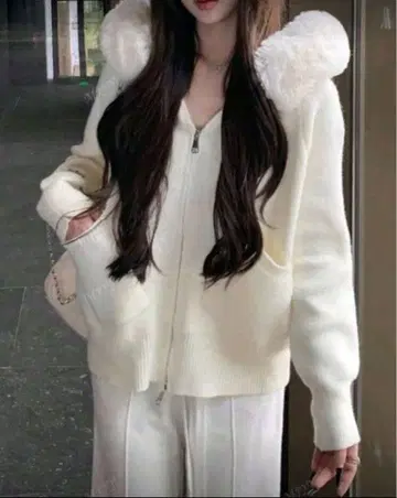 SHEIN 화이트 퍼 집업 후드티 애프리콧 M