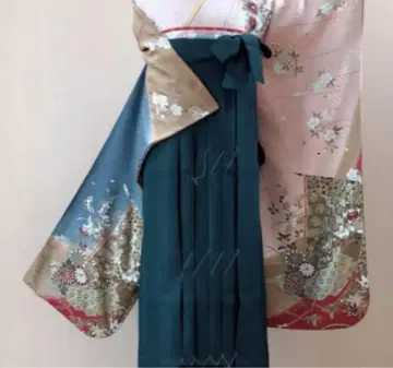 졸업 하카마 세트 [ 복숭아색 바탕 x 그린 무지 ]