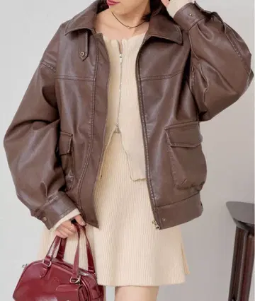 chico 페이크 레더 미들 루즈 자켓 브라운 F 사이즈