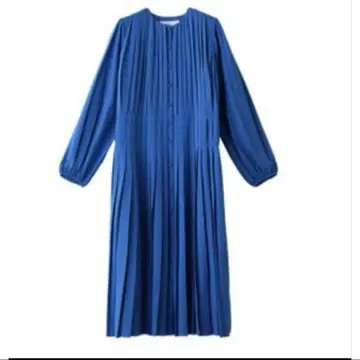 파란색 플리츠 셔츠 원피스 긴팔