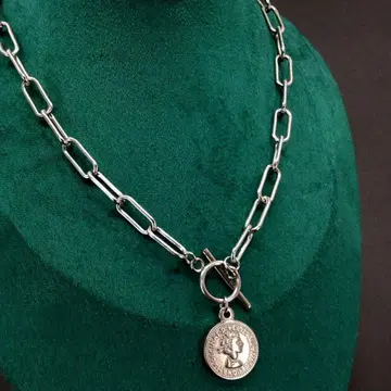 빈티지 실버 코인 체인 링크 토글 목걸이