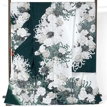 후리소데 미재단 가에바 짙은 녹색 모란 난국 금실 자수 은채 성인식