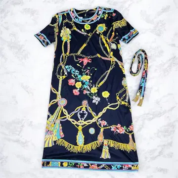 새상품급 LEONARD FASHION 네이비x체인 패턴 반팔 원피스