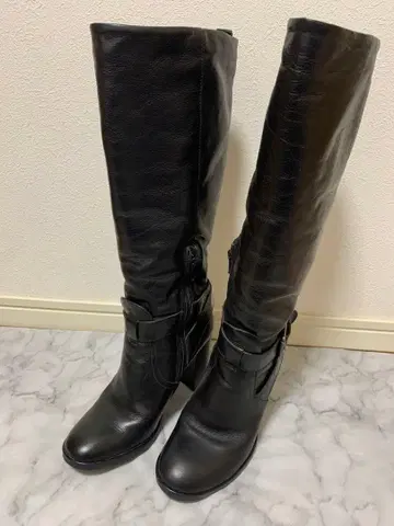 JOHNNY MOKE 천연 가죽 롱 부츠 사이드 지퍼 벨트 38 24