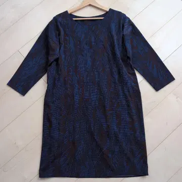 ear PAPILLONNER 다크 블루 브라운 패턴 7부 소매 원피스