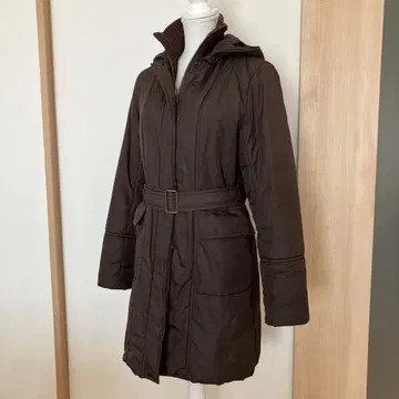 [스윙] 브라운 후드 부착 벨트 부착 롱 코트 40 사이즈