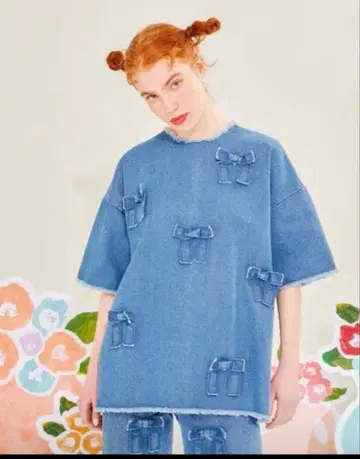 새상품급 poppy 아사기니뇨 데님 리본 상의 free 사이즈