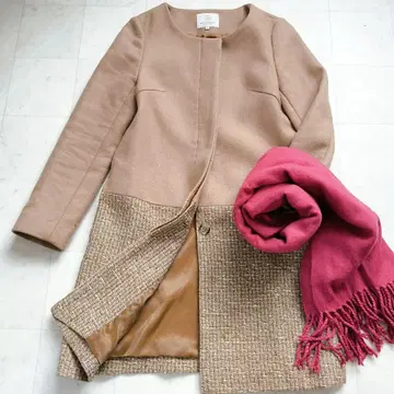 유나이티드 애로우즈 노카라 울 라메 트위드 절개 코트 카멜