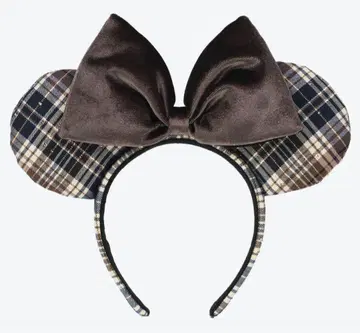 미키 귀 머리띠 체크 무늬 브라운 리본
