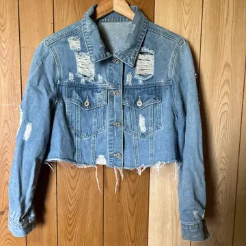 데미지 가공 크롭 데님 자켓