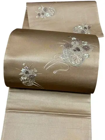 A25 새상품급 후쿠로 오비 금실 자수 야마부키 브라운 순수 실크 기모노