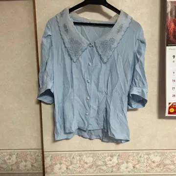 axes femme 스카이블루 자수 5부 소매 셔츠