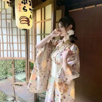 다색 꽃무늬 유카타 오비 세트