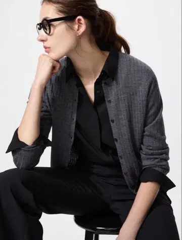 [ 미사용 ] 메리노 리브 크루넥 숏 가디건 그레이 XL