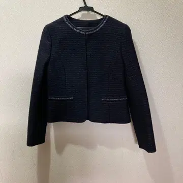 네이비 노카라 자켓 트위드