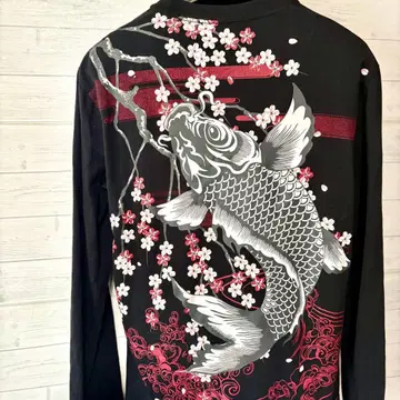 일본풍 패턴 잉어 벚꽃 프린트 긴팔 티셔츠 롱티