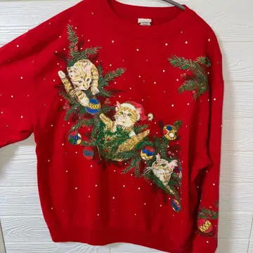 HOLIDAYTIME 고양이 자수 빨간색 맨투맨