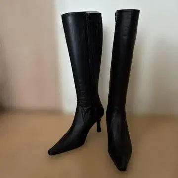 BENEBIS 블랙 소가죽 스틸레토 롱 부츠