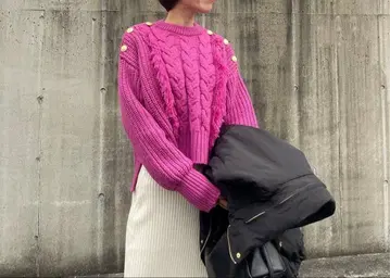 ROCCO 골드 버튼 프린지 케이블 니트 야마모토 아키코 씨