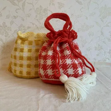 핸드메이드 백 주머니 크로셰 뜨개질 빨간색 체크