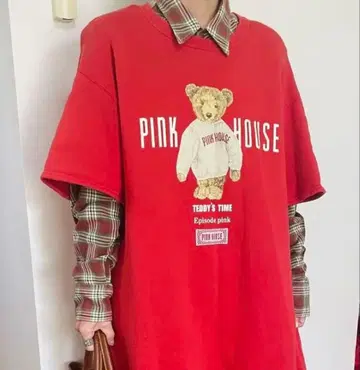 [ PINK HOUSE ] 테디베어 프린트 빨간색 원피스