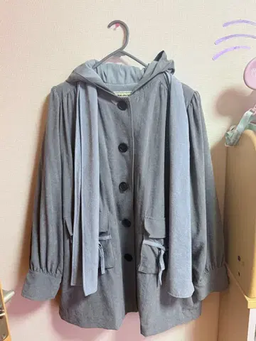 스톨 포함 후디 코트 블루 그레이 TINA:JOJUN