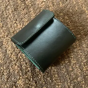 미사용 블랙과 그린의 3단 폴더형 지갑 천연 가죽 핸드메이드