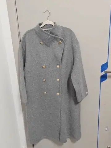 울 혼방 그레이 더블 브레스트 롱 코트
