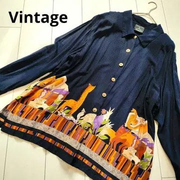 빈티지 블라우스 애니멀 긴팔 롱 셔츠 골드 버튼