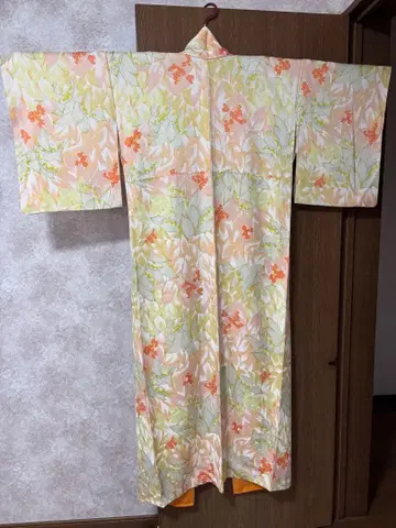 새상품급 이중 기모노 코몬 기모노 오렌지와 그린 꽃무늬