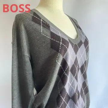 보스/아가일 무늬 그레이 V넥 니트 긴팔