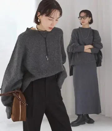 ANGIE [ 2개 세트 ] 하이넥 와이드 니트 & 스커트 셋업